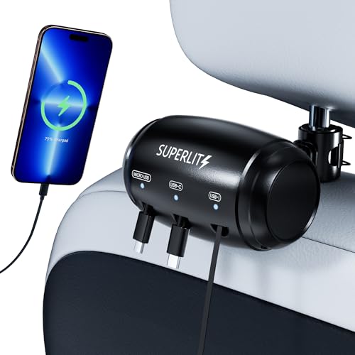Superlit 3-in-1 Retractable Backseat Car Charger – Headrest Mount Charging Station for Uber, Lyft and Rideshare Drivers, Fast Multi USB Charging Device for Passengers Compatible with All Phones - Image 1