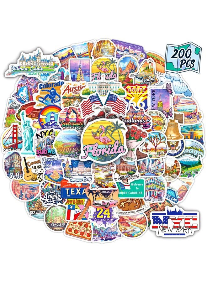 WAKEMOODEI 200 US Travel Stickers, USA State Travel Stickers for Laptop Water Bottle Journal Scrapbook, National Park Landmark Vinyl Decals for Suitcase Luggage - Image 1