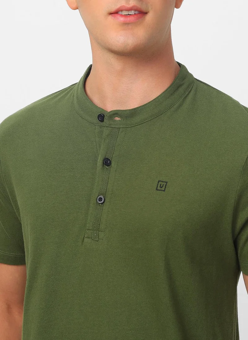 Urbano Fashion  Urbano Fashion Men's Olive Green Solid Mandarin Collar Slim Fit Cotton T-Shirt for Men | Best Price UAE