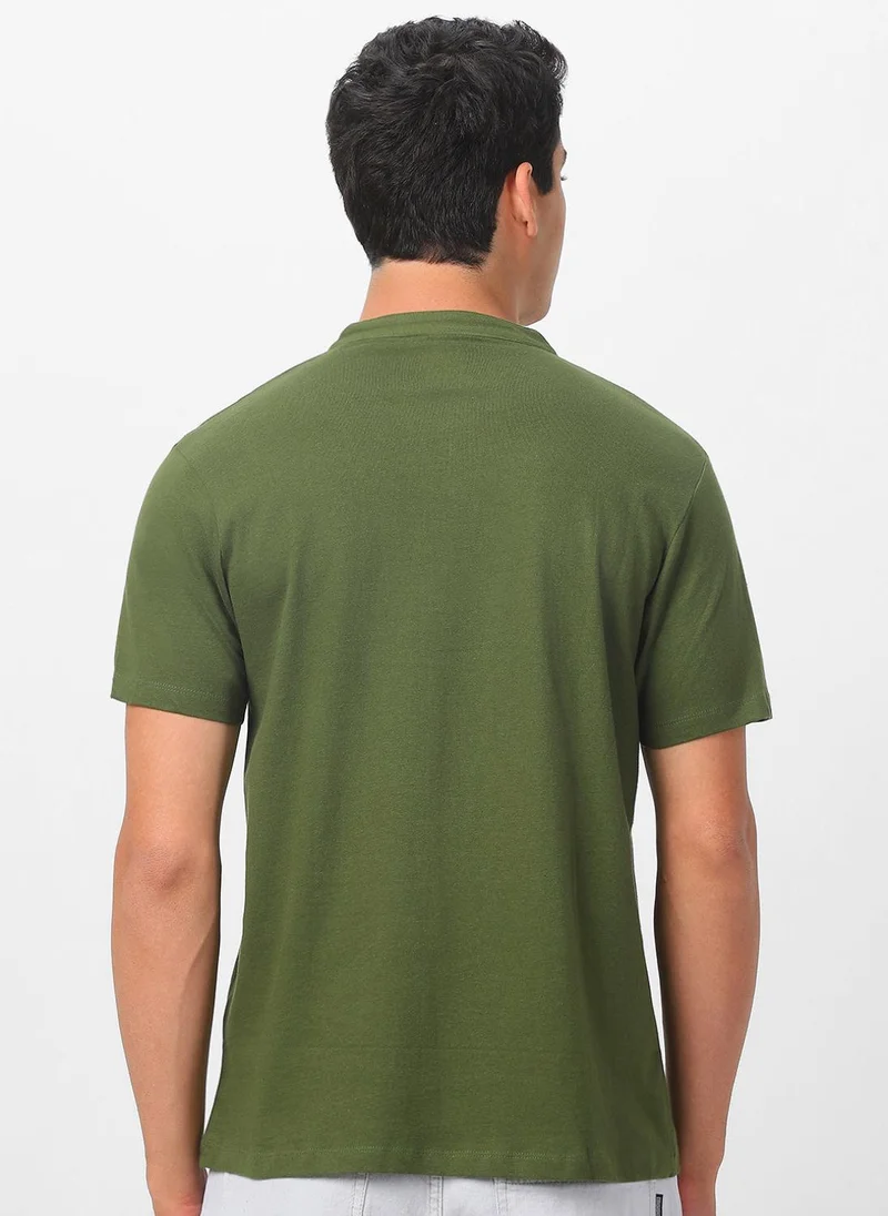 Urbano Fashion  Urbano Fashion Men's Olive Green Solid Mandarin Collar Slim Fit Cotton T-Shirt for Men | Best Price UAE