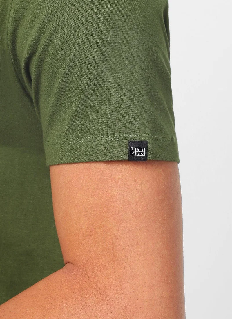 Urbano Fashion  Urbano Fashion Men's Olive Green Solid Mandarin Collar Slim Fit Cotton T-Shirt for Men | Best Price UAE