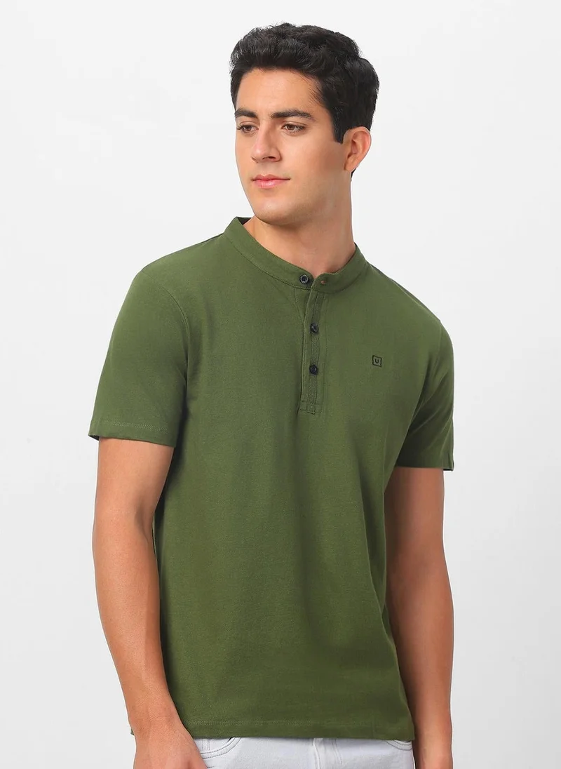 Urbano Fashion  Urbano Fashion Men's Olive Green Solid Mandarin Collar Slim Fit Cotton T-Shirt for Men | Best Price UAE