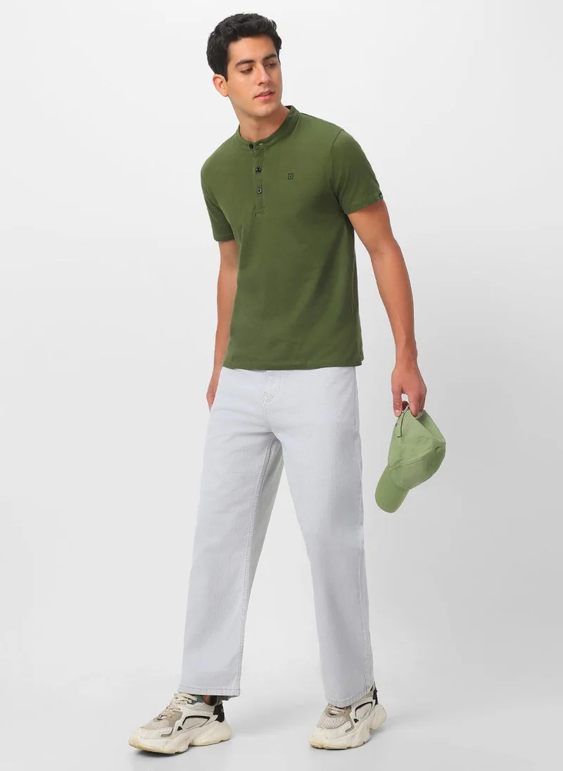 Urbano Fashion  Urbano Fashion Men's Olive Green Solid Mandarin Collar Slim Fit Cotton T-Shirt for Men | Best Price UAE