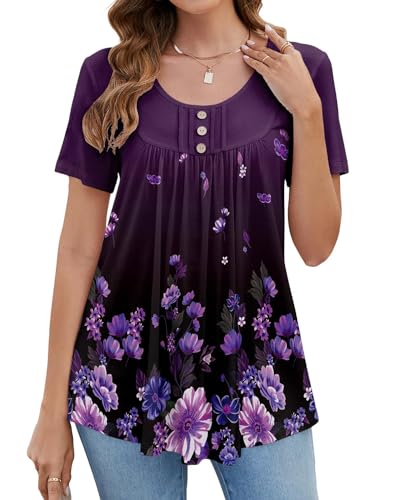 BeadChica Women's Tunic Tops For Leggings Short Sleeve Shirts Botton Up Casual Ruched Blouses Clothing Floral-XL Purple - Image 2