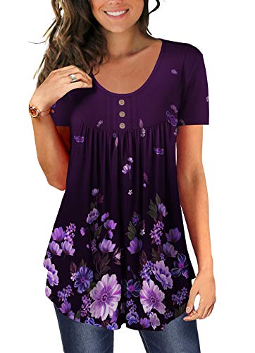 BeadChica Women's Tunic Tops For Leggings Short Sleeve Shirts Botton Up Casual Ruched Blouses Clothing Floral-XL Purple - Image 1