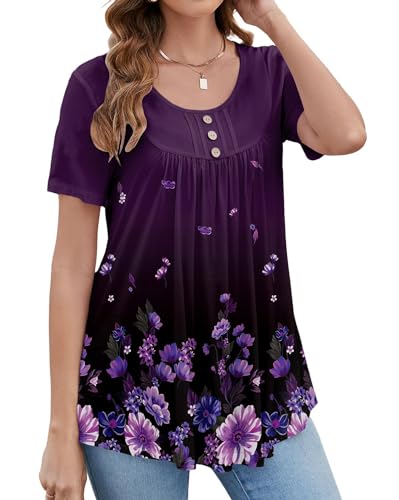 BeadChica Women's Tunic Tops For Leggings Short Sleeve Shirts Botton Up Casual Ruched Blouses Clothing Floral-XL Purple - Image 3