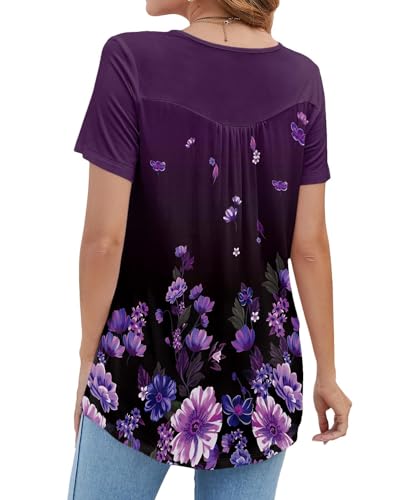 BeadChica Women's Tunic Tops For Leggings Short Sleeve Shirts Botton Up Casual Ruched Blouses Clothing Floral-XL Purple - Image 4