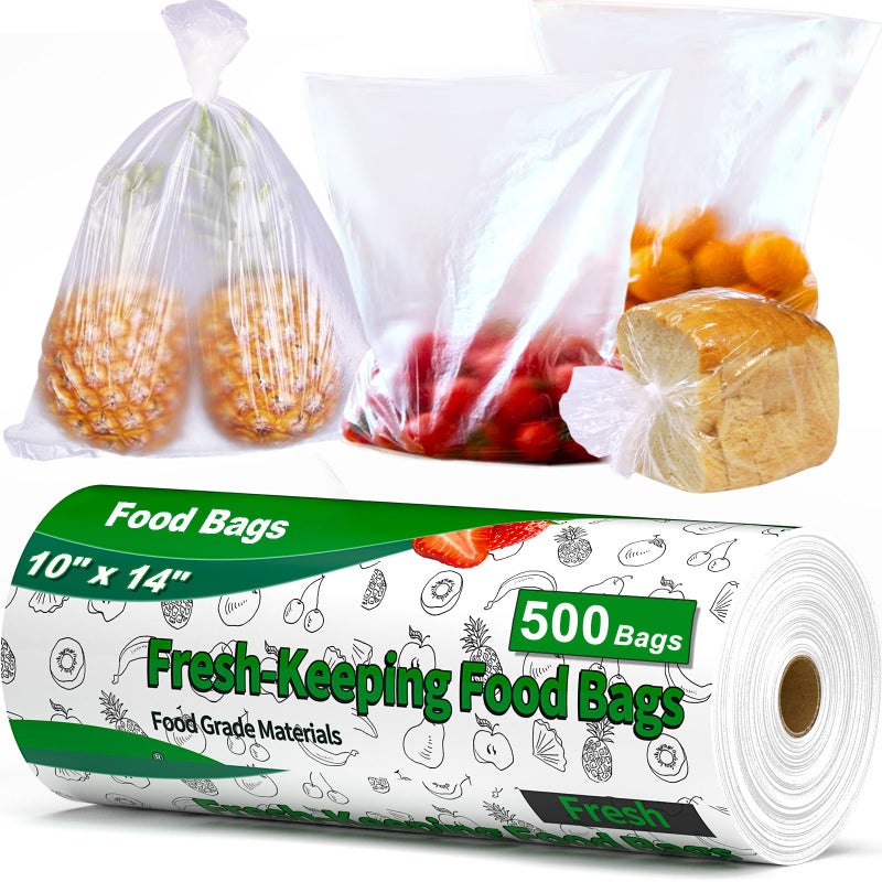 Tapsin Plastic Produce Bags Roll 10x14 inch, Fresh-Keeping Plastic Bag for Food, Fruit, Vegetable, Bread, Kitchen, freezer, Supermarket, 1 Roll 500 Produce Bags - Image 1