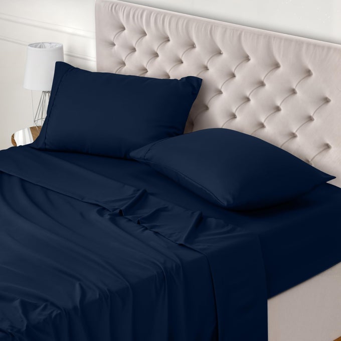 BED SHEET SET KING NAVY BLUE 4 PIECE FITTED SHEET FLAT SHEET WITH 2 PILLOW CASES 50X75 WRINKLE SHRINKAGE AND FADE RESISTANT SOFT BRUSHED POLYESTER MICROFIBER FABRIC