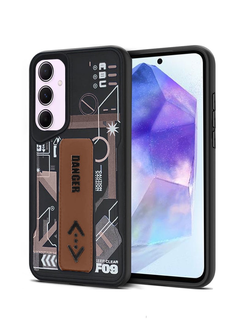 Techie غطاء خلفي سيليكوني للأزياء مع مقبض يد مغناطيسي وحامل لهاتف سامسونج جالاكسي A55 - أسود/بني - Image 1