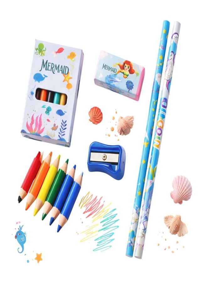 Dharmsaar 2Pcs Pencil Set with Pencil Color, Sharpener & Extra Eraser for Kids | Stationery Kit for Boys & Girls Age 3-15 Years | Ideal School Use & Birthday Return Gifts (Mermaid, Pack of 10) - Image 1
