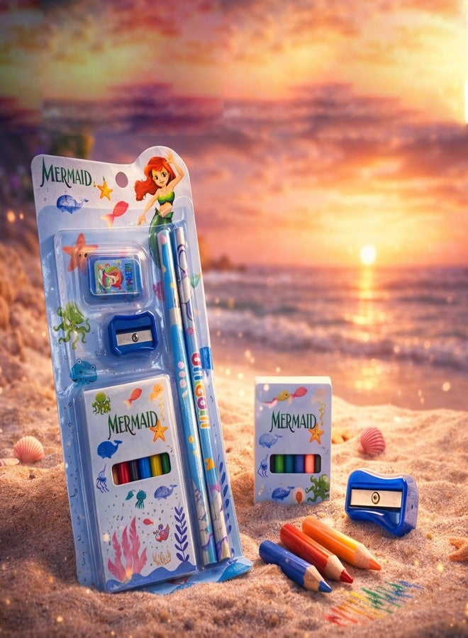 Dharmsaar 2Pcs Pencil Set with Pencil Color, Sharpener & Extra Eraser for Kids | Stationery Kit for Boys & Girls Age 3-15 Years | Ideal School Use & Birthday Return Gifts (Mermaid, Pack of 10) - Image 3