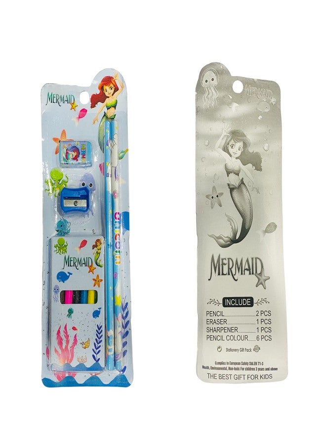 Dharmsaar 2Pcs Pencil Set with Pencil Color, Sharpener & Extra Eraser for Kids | Stationery Kit for Boys & Girls Age 3-15 Years | Ideal School Use & Birthday Return Gifts (Mermaid, Pack of 10) - Image 2