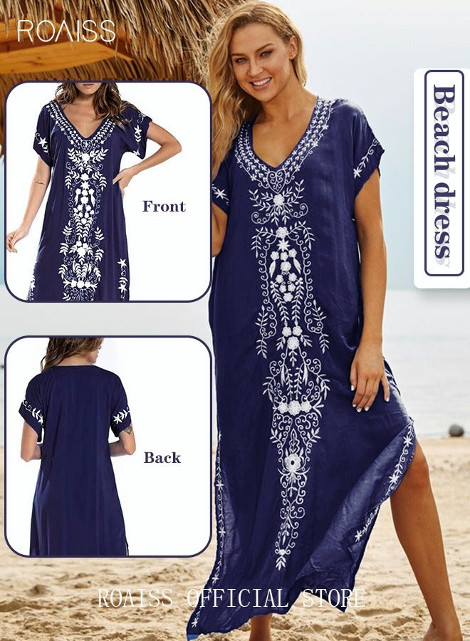 roaiss Women Long Swimsuit Cover up Floral Embroidered Beach Blouse Beachwear Bohemian Robe Ladies Loose Dress Casual Large Size Swim Sunscreen for Summer Dark Blue  - Image 3