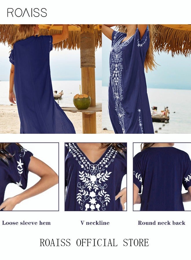 roaiss Women Long Swimsuit Cover up Floral Embroidered Beach Blouse Beachwear Bohemian Robe Ladies Loose Dress Casual Large Size Swim Sunscreen for Summer Dark Blue  - Image 4