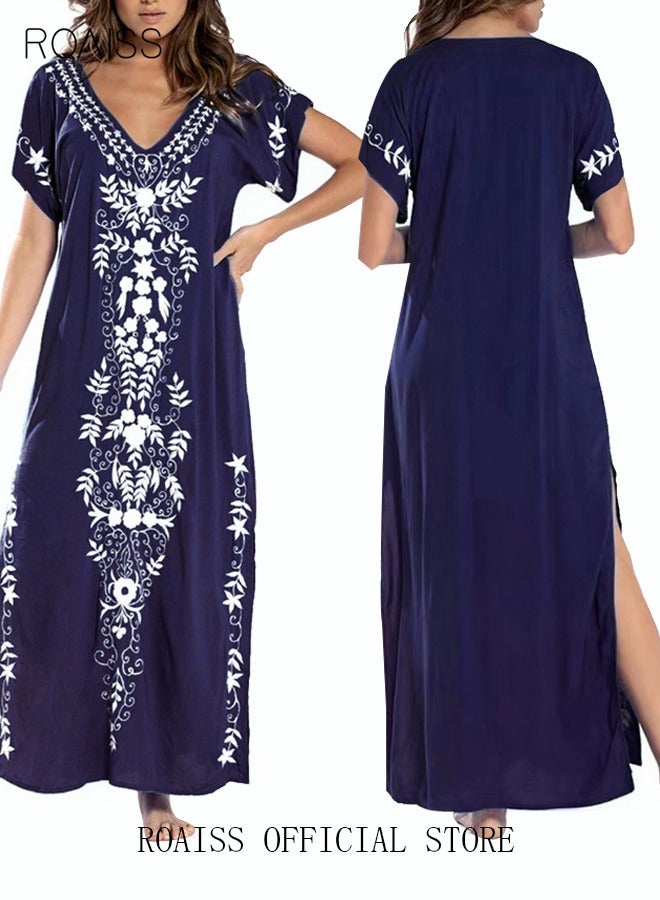 roaiss Women Long Swimsuit Cover up Floral Embroidered Beach Blouse Beachwear Bohemian Robe Ladies Loose Dress Casual Large Size Swim Sunscreen for Summer Dark Blue  - Image 5