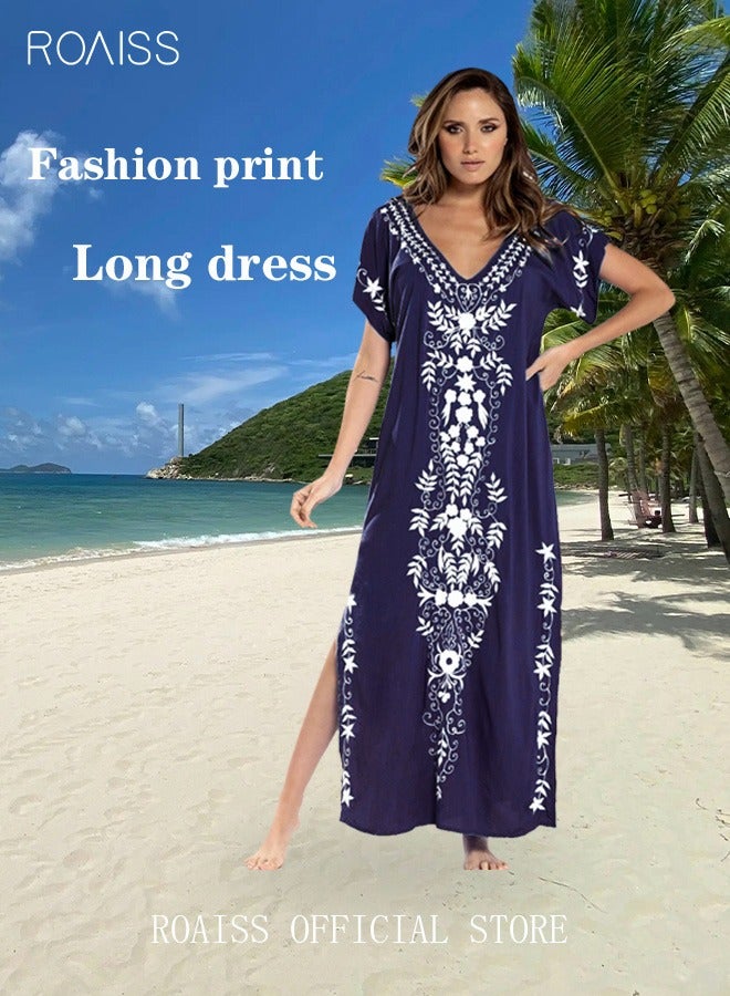 roaiss Women Long Swimsuit Cover up Floral Embroidered Beach Blouse Beachwear Bohemian Robe Ladies Loose Dress Casual Large Size Swim Sunscreen for Summer Dark Blue  - Image 1