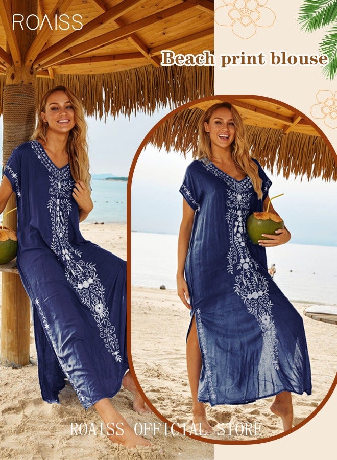 roaiss Women Long Swimsuit Cover up Floral Embroidered Beach Blouse Beachwear Bohemian Robe Ladies Loose Dress Casual Large Size Swim Sunscreen for Summer Dark Blue  - Image 2