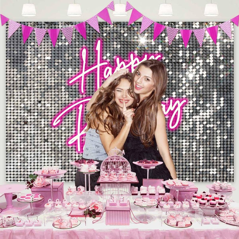 Sensfun Silver Sequins Pink Neon Birthday Backdrop for Photography Shining Flash Shimmer Wall Happy Birthday Banner Girl Sweet 16 18th Women 20th 30th 40th Birthday Party Background Decorations 7x5ft - Image 2