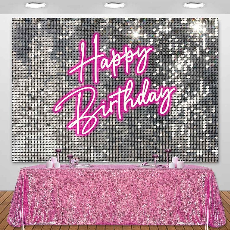 Sensfun Silver Sequins Pink Neon Birthday Backdrop for Photography Shining Flash Shimmer Wall Happy Birthday Banner Girl Sweet 16 18th Women 20th 30th 40th Birthday Party Background Decorations 7x5ft - Image 5