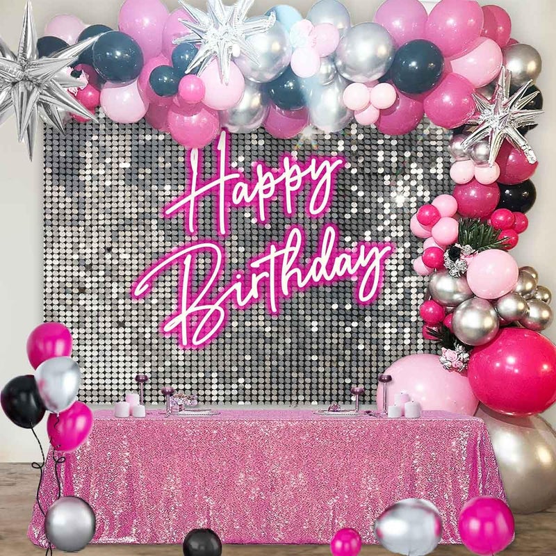 Sensfun Silver Sequins Pink Neon Birthday Backdrop for Photography Shining Flash Shimmer Wall Happy Birthday Banner Girl Sweet 16 18th Women 20th 30th 40th Birthday Party Background Decorations 7x5ft - Image 3