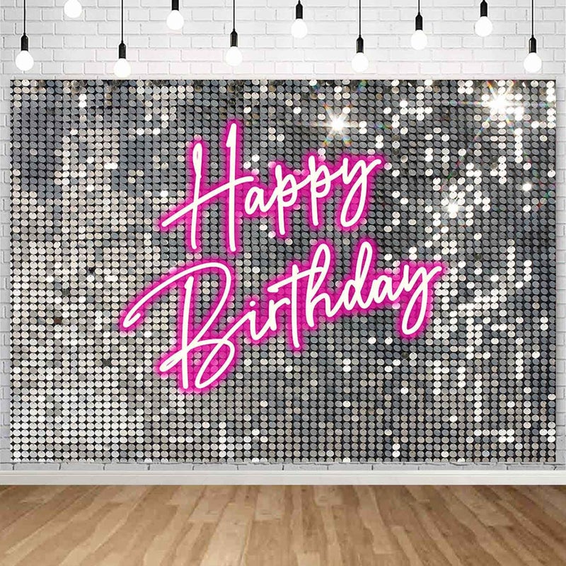 Sensfun Silver Sequins Pink Neon Birthday Backdrop for Photography Shining Flash Shimmer Wall Happy Birthday Banner Girl Sweet 16 18th Women 20th 30th 40th Birthday Party Background Decorations 7x5ft - Image 1