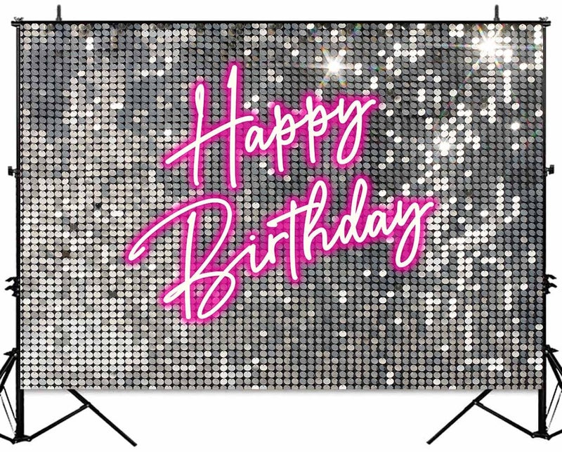 Sensfun Silver Sequins Pink Neon Birthday Backdrop for Photography Shining Flash Shimmer Wall Happy Birthday Banner Girl Sweet 16 18th Women 20th 30th 40th Birthday Party Background Decorations 7x5ft - Image 4