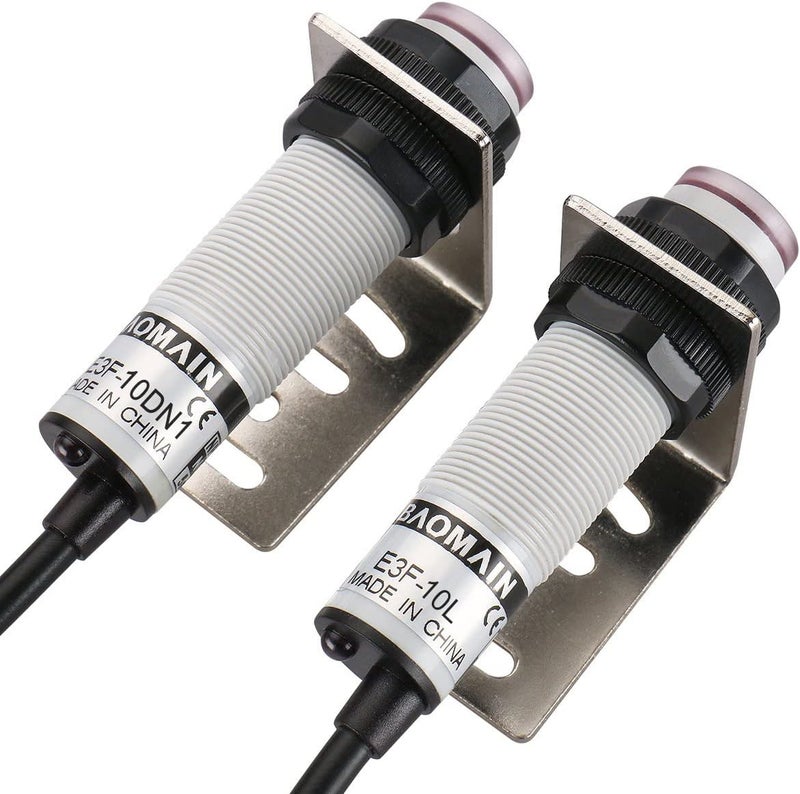 Baomain 1 Pair M18 Infrared Ray Through-Beam Reflection Optical Photoelectric Sensor Switch E3F-10DN3/E3F-10L NPN NO+NC 10-30V DC Sensing Distance 10m 4 Wires with Mounting Bracket - Image 1