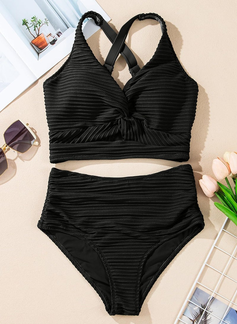 Herseas Women's Black Bikini Sets Twist Front Adjustable Straps Top Swimsuits High Waisted Textured Push Up 2 Piece Bathing Suits Girls Slimming Beach Vacation Clothes Small - Image 5