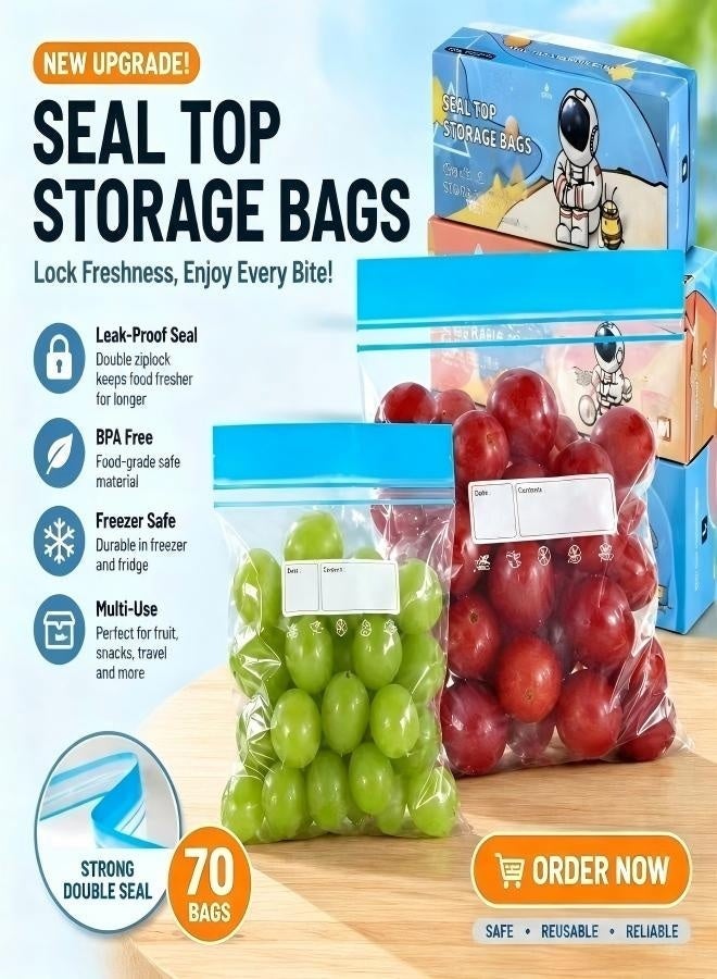 Freezer Bags, 70 Pcs Ziplock Bags Food Reusable Sandwich Bags Zip Seal Food Bags, BPA Free Zip Lock Bags, Food Storage Freezer Bags for Fruits,Meat,Grains,Vegetables,Candies (3 Sizes) - Image 1