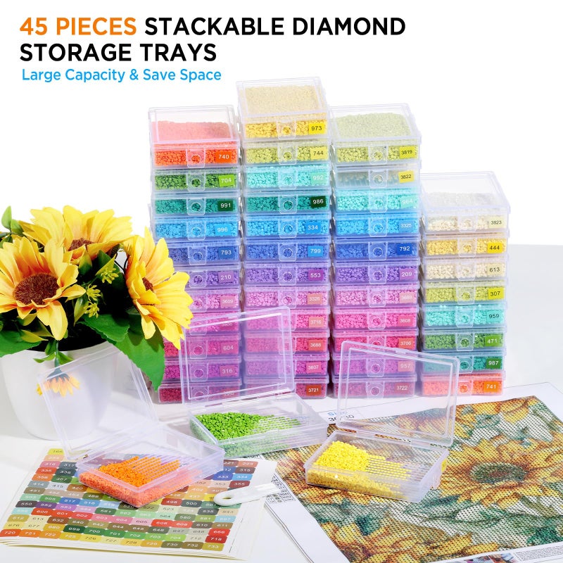 Zefy 45pcs Stackable Diamond Art Storage Trays, 2-in-1 Diamond Painting Containers Trays with 447 Colors Labels Stickers, Diamond Art Accessories for Gems Drills Dots - Image 2