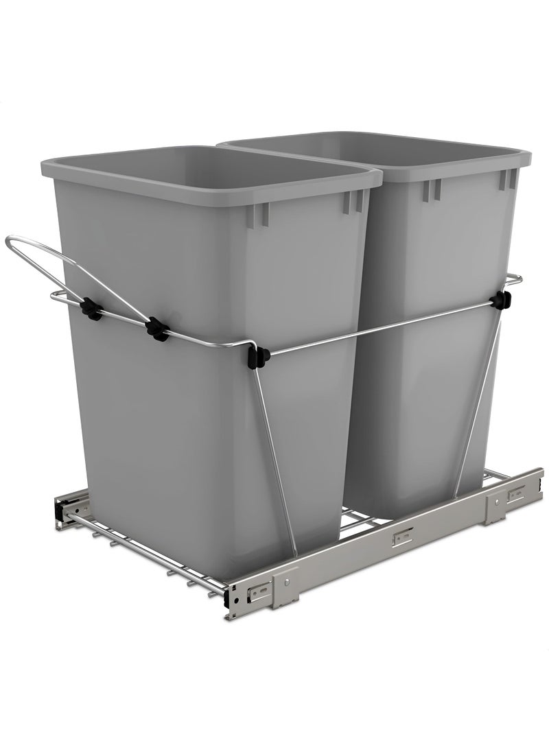 Rev-A-Shelf RevAShelf Double Pullout Trash Can for Kitchen Cabinets 35 Qt Garbage Recycling Bin on FullExtension Slides Silver RV18KD17C S 