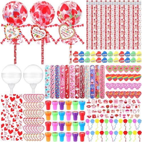 Soulchen 24 Set Valentines Day Gift Set Giant LollipopShaped with Cards Sticker Pencil Eraser Ruler Pencil Sharpener Stamp Ribbon cellophane Glitter Sticky Hands for Party Favors Supplies Prizes - Image 1