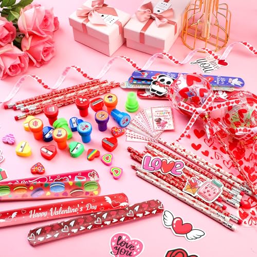 Soulchen 24 Set Valentines Day Gift Set Giant LollipopShaped with Cards Sticker Pencil Eraser Ruler Pencil Sharpener Stamp Ribbon cellophane Glitter Sticky Hands for Party Favors Supplies Prizes - Image 5