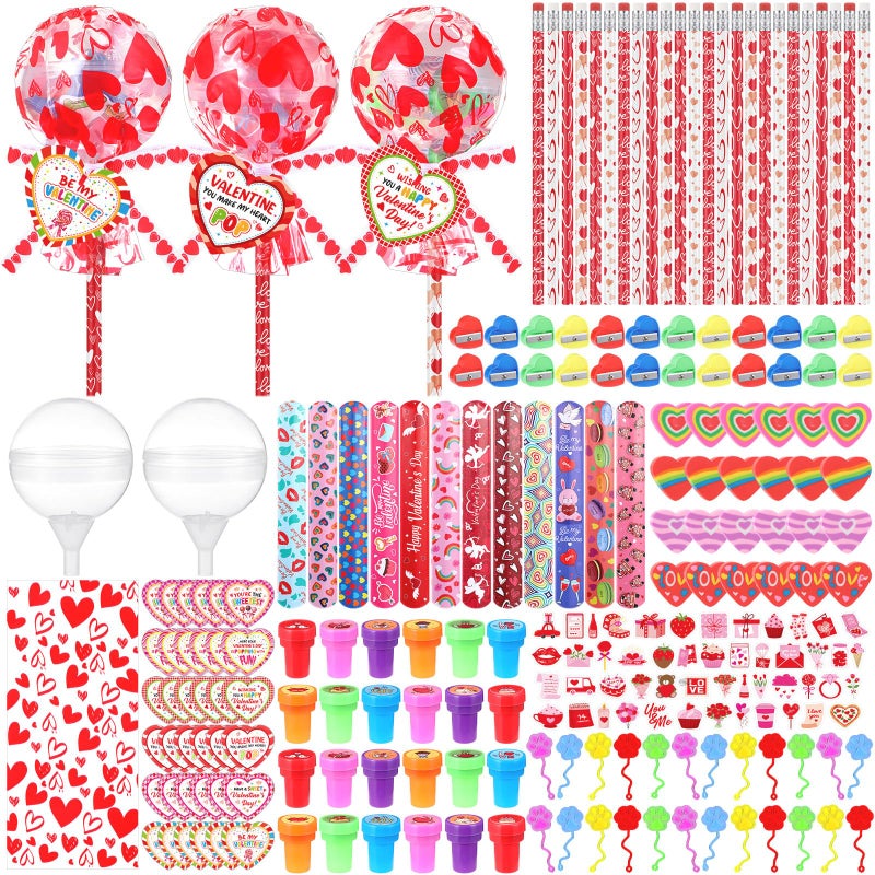 Soulchen 24 Set Valentines Day Gift Set Giant LollipopShaped with Cards Sticker Pencil Eraser Ruler Pencil Sharpener Stamp Ribbon cellophane Glitter Sticky Hands for Party Favors Supplies Prizes - Image 3