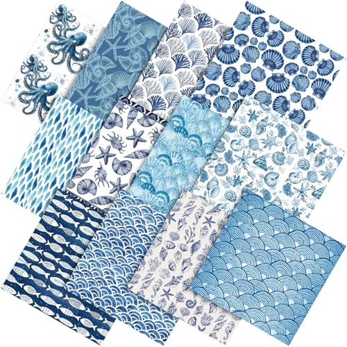 Tudomro 60 Pcs Blue Coastal Beach Fabric Squares Bundles 10 x 10 Inch Cotton Nautical Ocean Quilting Fabric Blue Seashells Fish Starfish Fat Quarters Quilt Patchwork Material for Sewing Craft Supplies - Image 1
