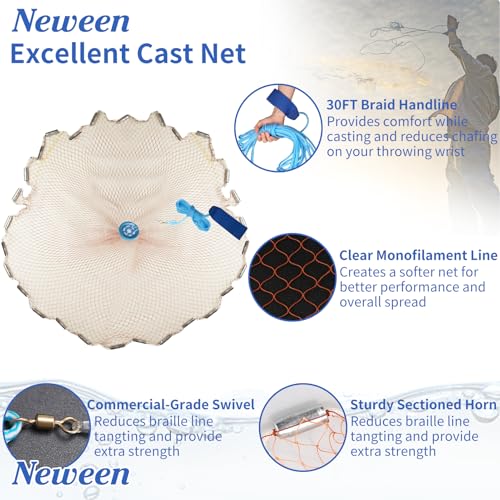Neween Cast Net, American Saltwater Cast Nets for Fishing, 4ft-8ft Radius Casting Net for Bait Fish, 3/8 Inch Professional Grade Tire Lines Throw Nets for Fishing Bait with Heavy Duty Sinker - Image 3