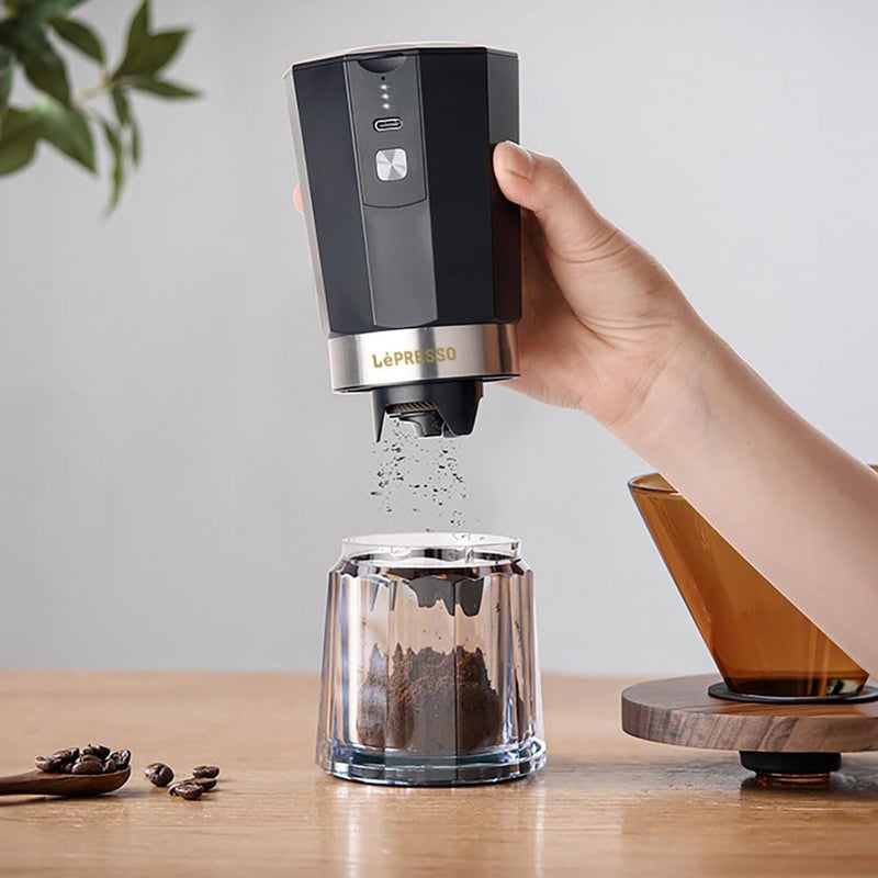 LePresso Cordless Electric Conical Burr Grinder 18W 800mAh | 40 Cups Single Charge, 3 Hours Charging Time, 30-35g Bean Container, 35-40g Powder Container - Black - Image 2