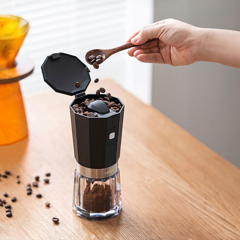 LePresso Cordless Electric Conical Burr Grinder 18W 800mAh | 40 Cups Single Charge, 3 Hours Charging Time, 30-35g Bean Container, 35-40g Powder Container - Black - Image 3
