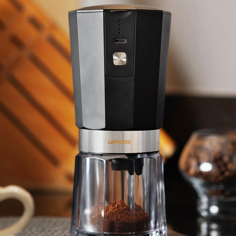 LePresso Cordless Electric Conical Burr Grinder 18W 800mAh | 40 Cups Single Charge, 3 Hours Charging Time, 30-35g Bean Container, 35-40g Powder Container - Black - Image 5