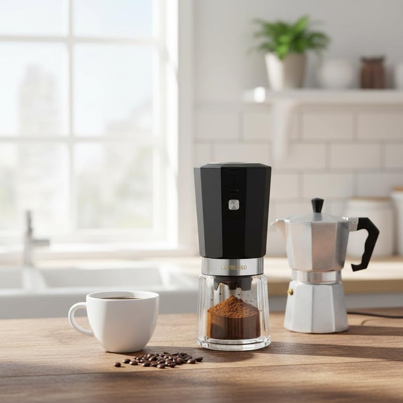 LePresso Cordless Electric Conical Burr Grinder 18W 800mAh | 40 Cups Single Charge, 3 Hours Charging Time, 30-35g Bean Container, 35-40g Powder Container - Black - Image 4