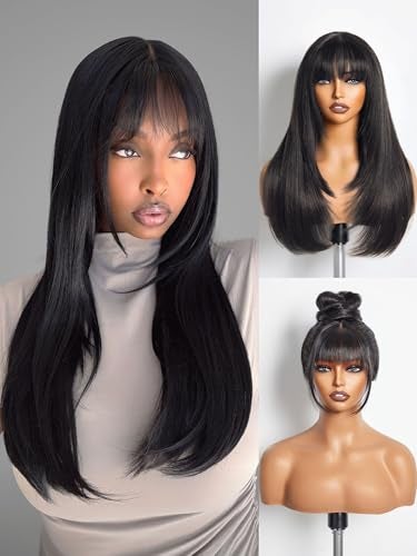 GORGIUS Layered Wigs with Bangs Ready to Go Straight Wig with Bangs 22 Inch Put On Go Black Bang Wigs Crafted with Style-Archive Synthetic Fiber Natural Pre-Plucked Hairline - Image 1