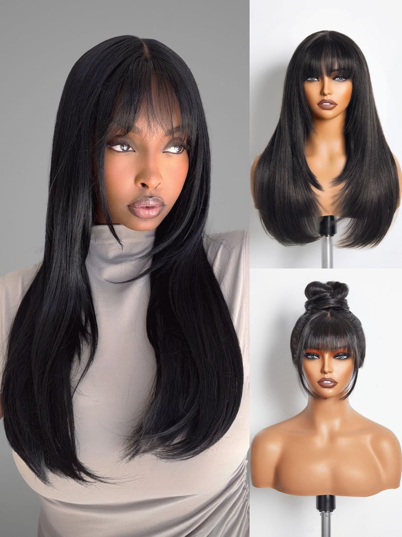 GORGIUS Layered Wigs with Bangs Ready to Go Straight Wig with Bangs 22 Inch Put On Go Black Bang Wigs Crafted with Style-Archive Synthetic Fiber Natural Pre-Plucked Hairline - Image 3