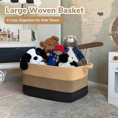 Goodpick سلة بطانيات ويفن من جودبيك، 21.6" × 14.9" × 11.8" سلة غسيل من الخوص للملابس، سلال تخزين لتنظيم، سلال كبيرة مستطيلة من الحبل للتخزين، جوت أسود - Image 2