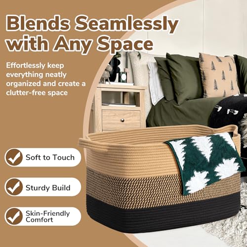 Goodpick سلة بطانيات ويفن من جودبيك، 21.6" × 14.9" × 11.8" سلة غسيل من الخوص للملابس، سلال تخزين لتنظيم، سلال كبيرة مستطيلة من الحبل للتخزين، جوت أسود - Image 5