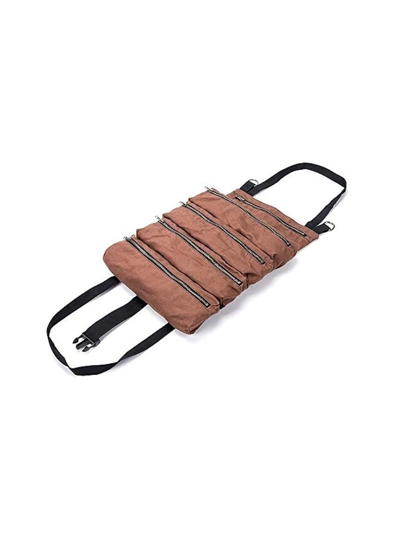 erorex Tool Storage Organizer Bag Roll, Big Tool Roll Up Bag, Waxed Canvas Tool Organizer Bucket, Tool Roll Up Pouch, Handy Small Tools Tote Carrier,Tool Pouch Sling, Car Back Seat Organizer (Brown)  - Image 2