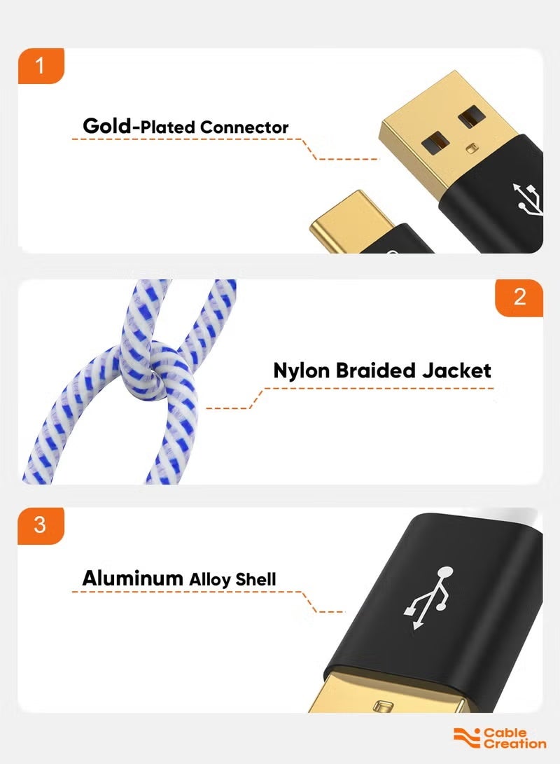 كابل كرييشن كابل USB من النوع C، كابل مضفر بطول 1.6 قدم من CableCreation، كابل USB-C إلى USB A قياسي، مناسب لهاتف Galaxy S9/S9 Plus، وHuawei P20، وPixel XL 2، وما إلى ذلك، سلك أزرق وأبيض [مقاومة 56 كيلو أوم] - Image 5