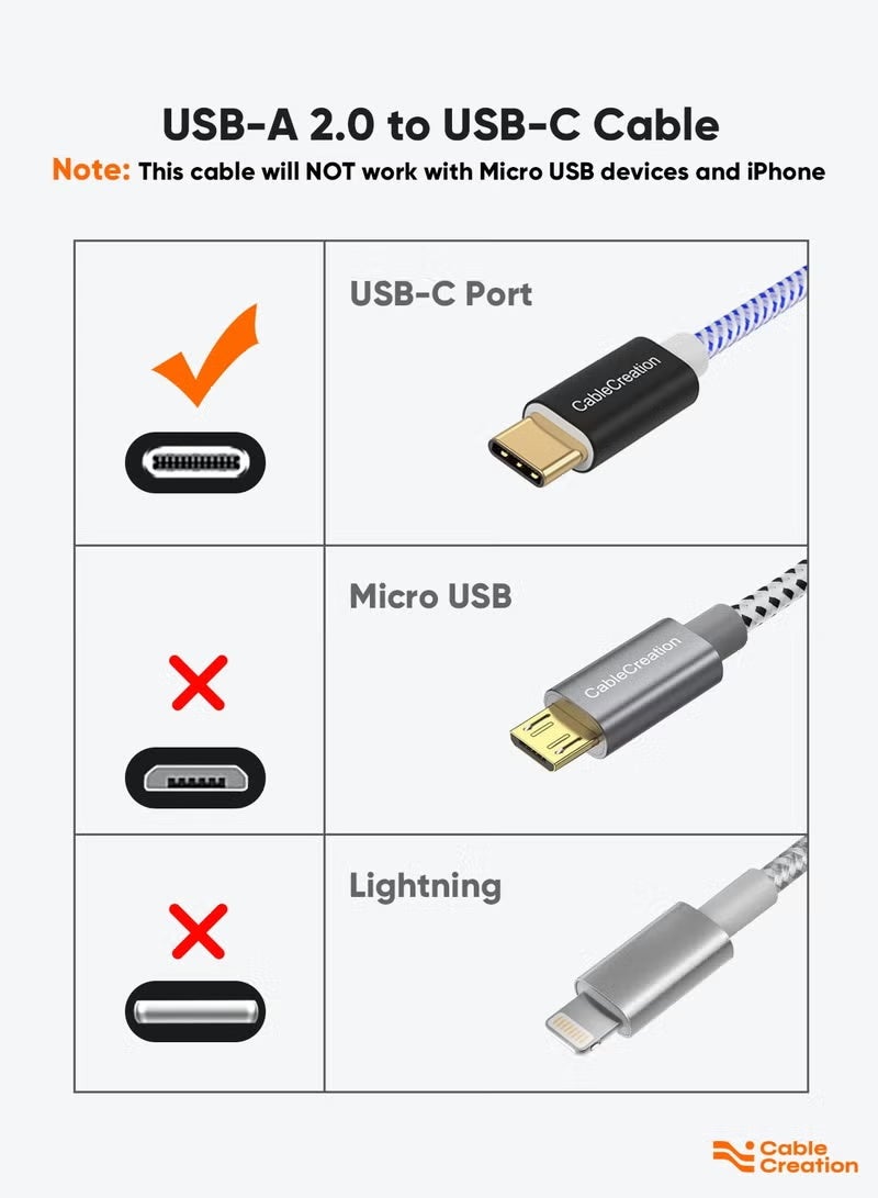 كابل كرييشن كابل USB من النوع C، كابل مضفر بطول 1.6 قدم من CableCreation، كابل USB-C إلى USB A قياسي، مناسب لهاتف Galaxy S9/S9 Plus، وHuawei P20، وPixel XL 2، وما إلى ذلك، سلك أزرق وأبيض [مقاومة 56 كيلو أوم] - Image 3
