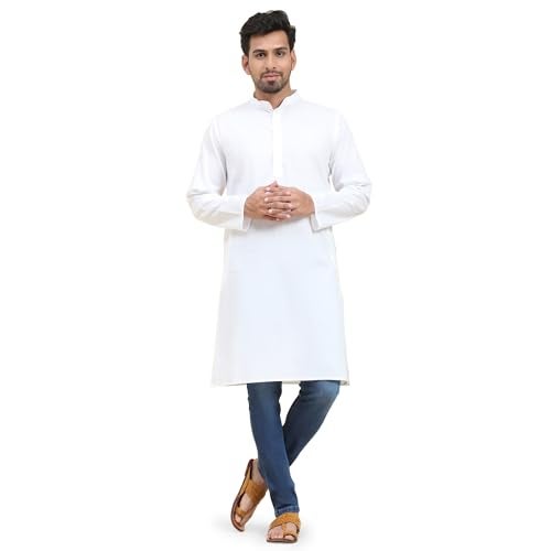 SKAVIJ Mens Cotton Casual Wear Modern Regular Fit Kurta for Everyday Use Yoga Outfit White_Large - Image 1