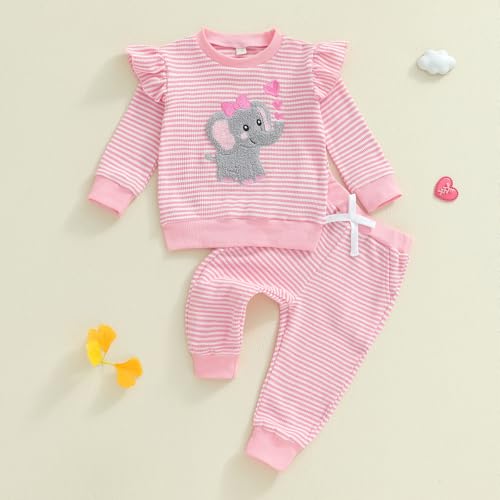 BemeyourBBs Fall Winter Toddler Baby Girl Clothes Cute Print Ruffle Shirt Top Pants Set 2 Piece Newborn Infant Girl Outfit (Elephant Heart Pink, 6-12 Months) - Image 4